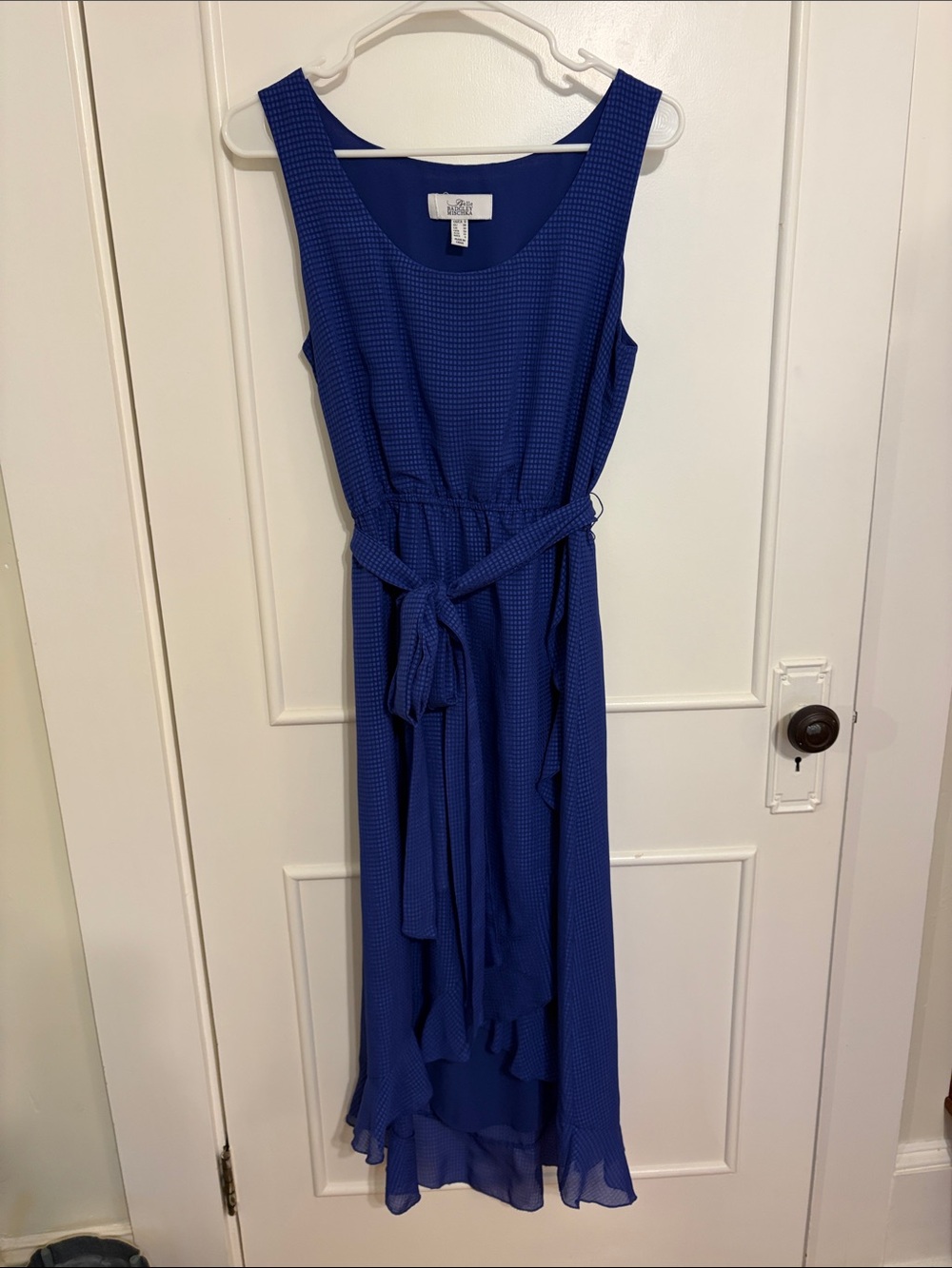 Badgley Mischka Cobalt Blue Sleeveless High-Low Dress with Waist Tie